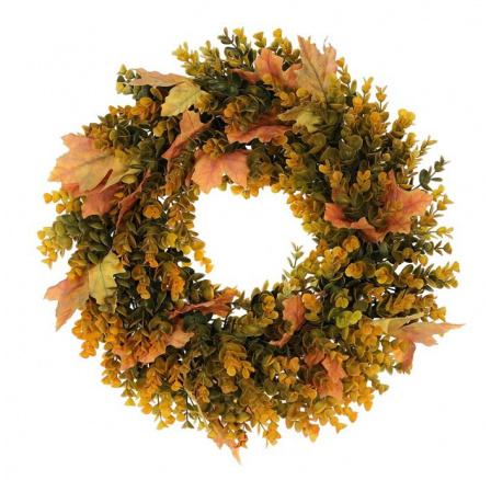 Věnec umělý - pr 40 cm, eukalyptus a javorové listy, oranžovo-zelený