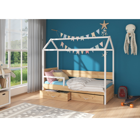 Dětská postel Domek OTELLO 180x80 cm se zábranou, bez matrace, Bílá/Dub