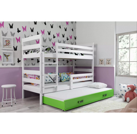 Dětská patrová postel ERYK 3 s přistýlkou 90x200 cm, bez matrací, Bílá/Zelená