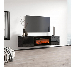TV komoda LUXE s elektrickým krbem, černá / černý lesk