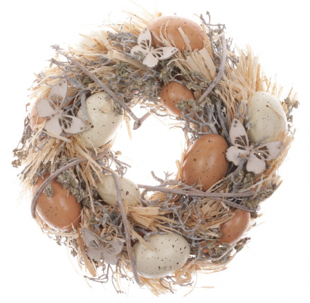 Věnec s proutím, umělými vajíčky a peřím, velikonoční dekorace