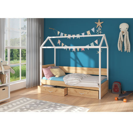 Dětská postel Domek OTELLO 180x80 cm, s matrací, Bílá/Dub