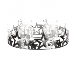 Svícen adventní se sklíčky - kovový, stříbrné hvězdy