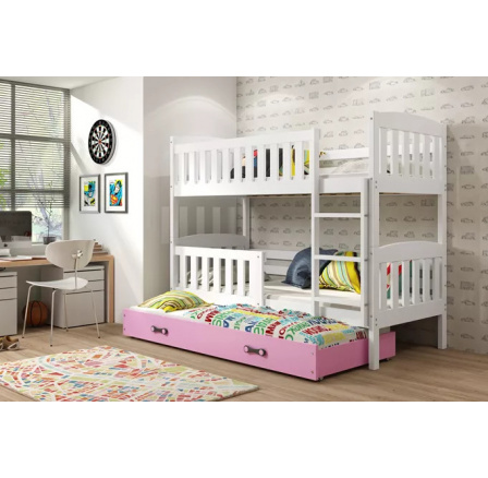 Dětská patrová postel KUBUS 3 s přistýlkou 90x200 cm, včetně matrací, Bílá/Růžová