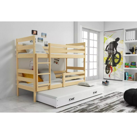 Dětská patrová postel ERYK 3 s přistýlkou 80x160 cm, včetně matrací, Přírodní/Bílá