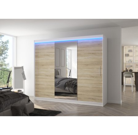 Posuvná skříň se zrcadlem a LED osvětlením DENIS 250 Bílá+Sonoma