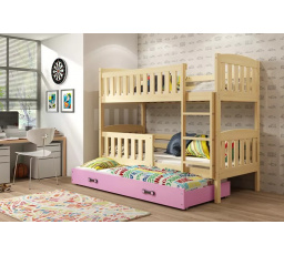 Dětská patrová postel KUBUS 3 s přistýlkou 90x200 cm, včetně matrací, Přírodní/Růžová
