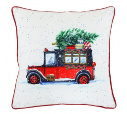 Polštář sametový s výplní, bílý - vánoční auto, 100% polyester, 45 x 45 cm