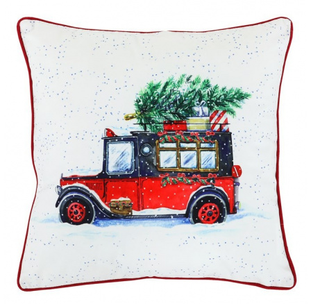 Polštář sametový s výplní, bílý - vánoční auto, 100% polyester, 45 x 45 cm
