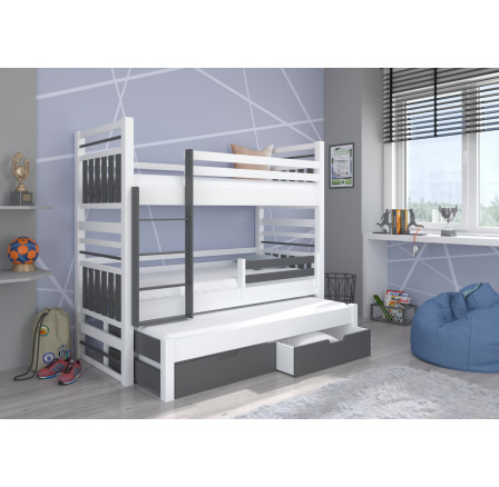 Třílůžková patrová postel HIPPO 200x90 Bílá+Šedá