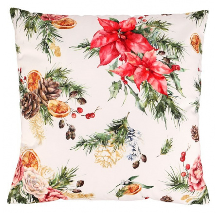 Polštář s výplní - vánoční květy a jehličí , sametový, 45 x 45 cm