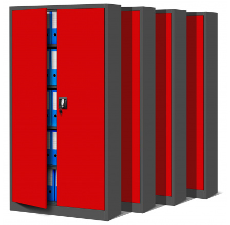 Sada 4x kancelářská kovová skříň na dokumenty JAN, 900 x 1850 x 400 mm, antracitově-červená