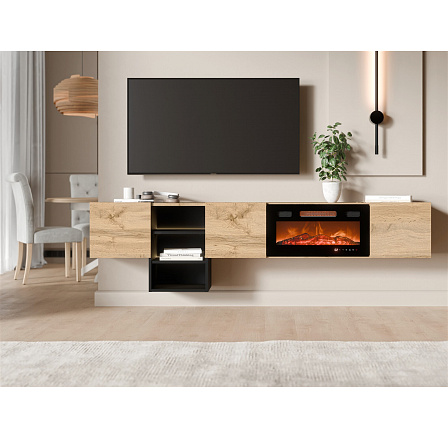 Závěsná TV komoda TEO s elektrickým krbem a LED osvětlením, dub Wotan / černá Závěsná TV komoda TEO s elektrickým krbem a LED osvětlením, dub Wotan / černá