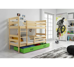 Dětská patrová postel ERYK se šuplíkem 90x200 cm, včetně matrací, Přírodní/Zelená