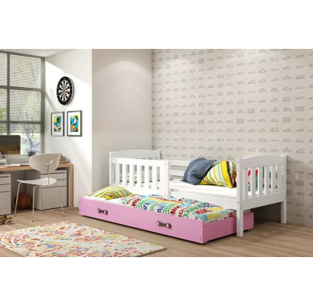 Dětská postel KUBUS s přistýlkou 90x200 cm, s matracemi, Bílá/Růžová
