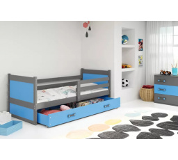 Dětská postel RICO 90x200 cm se šuplíkem, s matrací, Grafit/Modrá