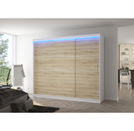 Šatní skříň Antos 250, Bílá/Sonoma + LED osvětlení