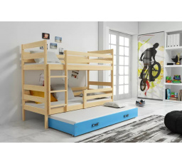 Dětská patrová postel ERYK 3 s přistýlkou 90x200 cm, včetně matrací, Přírodní/Modrá