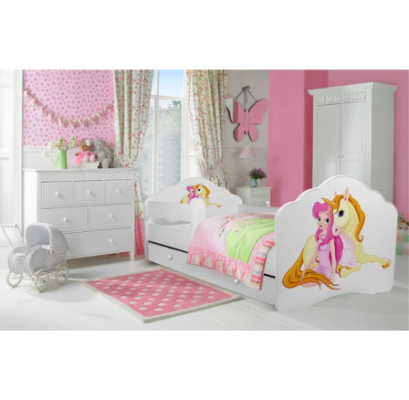 Postel s matrací, zábranou a šuplíkem CASIMO GIRL WITH UNICORN 140x70 Bílá