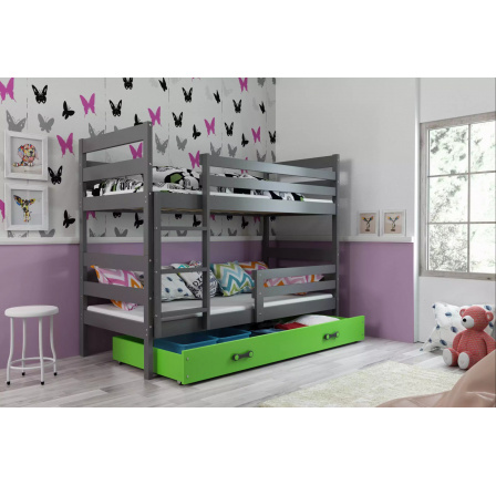 Dětská patrová postel ERYK se šuplíkem 90x200 cm, bez matrací, Grafit/Zelená