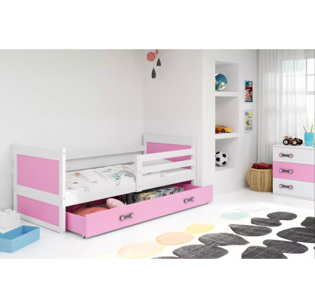Dětská postel RICO 90x200 cm se šuplíkem, bez matrace, Bílá/Růžová