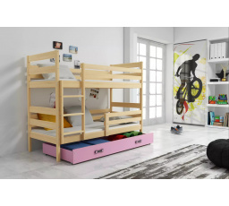 Dětská patrová postel ERYK se šuplíkem 90x200 cm, bez matrací, Přírodní/Růžová