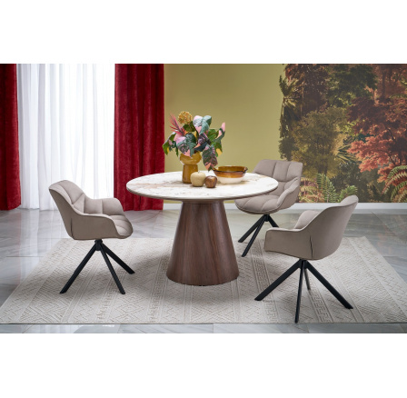 ARANI kulatý stůl, béžový mramor / ořechový