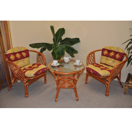 Ratanová sedací souprava Bahama koňak 2+1 polstry vínový motiv Ratanová sedací souprava Bahama koňak 2+1 polstry vínový motiv