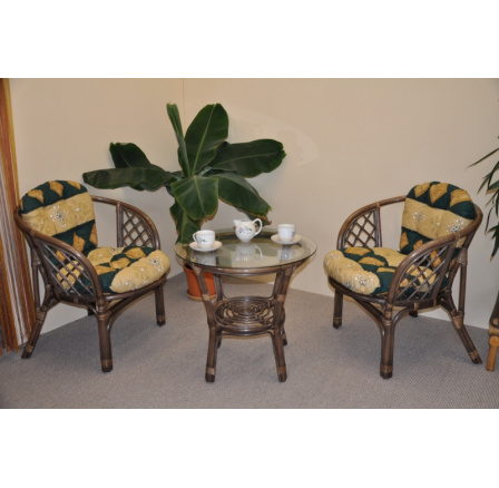 Ratanová sedací souprava Bahama hnědá 2+1 polstry zelený motiv Ratanová sedací souprava Bahama hnědá 2+1 polstry zelený motiv