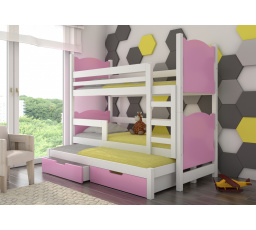 Dětská patrová postel LETICIA s výsuvem a se šuplíky, včetně matrací, Bílá/Růžová