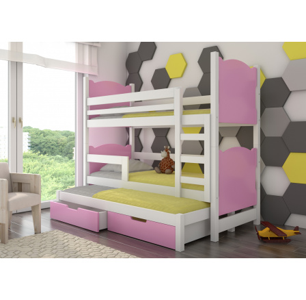 Dětská patrová postel LETICIA s výsuvem a se šuplíky, včetně matrací, Bílá/Růžová