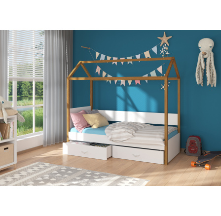 Dětská postel Domek OTELLO 180x80 cm, s matrací, Dub/Bílá