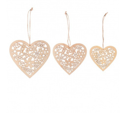 Srdce závěsné - dřevěné, přírodní, mix 3 vel., cena za balení (3 ks)