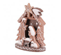 Betlém perníkový - polyresin, LED osvětl., hnědý s bílým zdobením