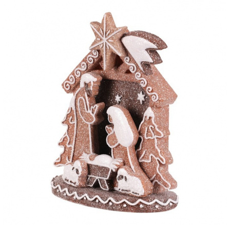 Betlém perníkový - polyresin, LED osvětl., hnědý s bílým zdobením Betlém perníkový - polyresin, LED osvětl., hnědý s bílým zdobením