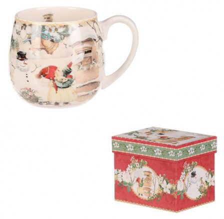 Hrnek malovaný v dárkové dóze - zimní motiv, porcelán, barevný