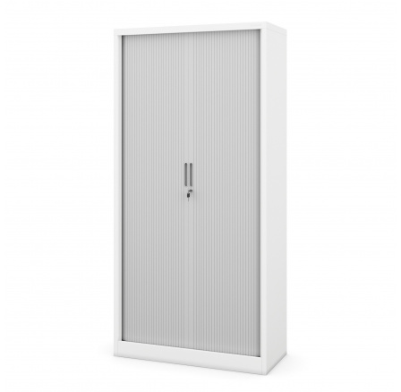 Kovová kancelářská skříň na dokumenty s roletou DAMIAN, 900 x 1850 x 450 mm, bílo-šedá Kovová kancelářská skříň na dokumenty s roletou DAMIAN, 900 x 1850 x 450 mm, bílo-šedá
