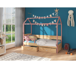 Dětská postel Domek OTELLO 180x80 cm se zábranou, bez matrace, Růžová/Zlatý Dub