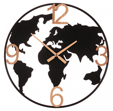 Hodiny nástěnné - pr. 60 cm, kov a dřevěné číslice, mapa světa Hodiny nástěnné - pr. 60 cm, kov a dřevěné číslice, mapa světa