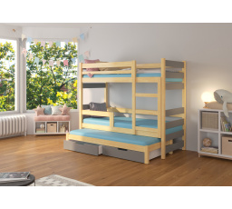 Dětská patrová postel KARLO s výsuvem a se šuplíky, včetně matrací, Přírodní/Šedá