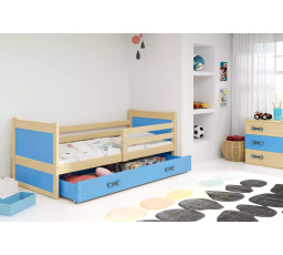 Dětská postel RICO 90x200 cm se šuplíkem, bez matrace, Přírodní/Modrá