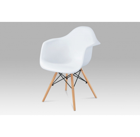 Jídelní židle, bílý plast, masiv buk, přírodní odstín, černé kovové výztuhy