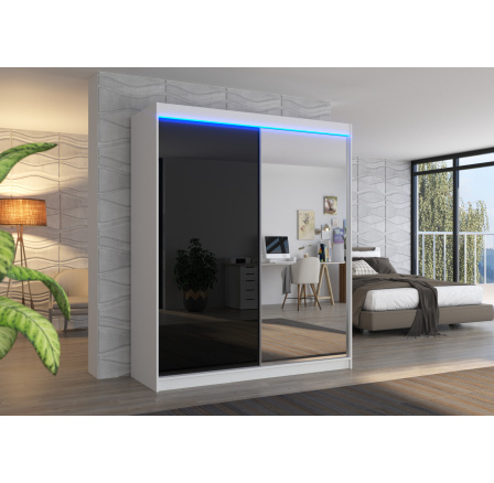 Šatní skříň VENUS 180, Bílá/Černý LACOBEL + LED osvětlení