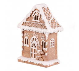 Domeček perníkový s panáčkem - polyresin, LED osvětl., hnědo-bílý