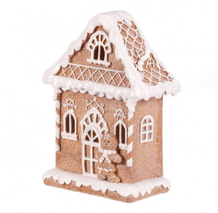 Domeček perníkový s panáčkem - polyresin, LED osvětl., hnědo-bílý Domeček perníkový s panáčkem - polyresin, LED osvětl., hnědo-bílý