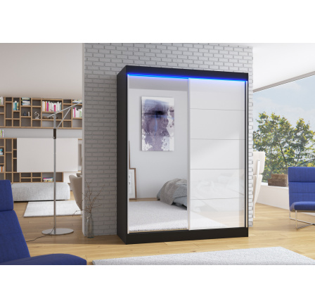 Šatní skříň MORENO 150,  Černá/Bílý LACOBEL + LED osvětlení