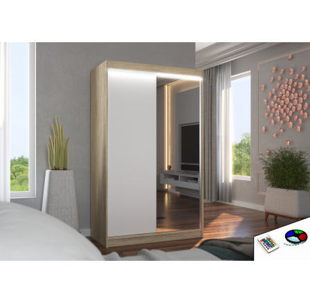 Posuvná skříň se zrcadlem a LED osvětlením REWENA 120 Sonoma+White