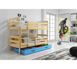 Dětská patrová postel ERYK se šuplíkem 90x200 cm, včetně matrací, Přírodní/Modrá