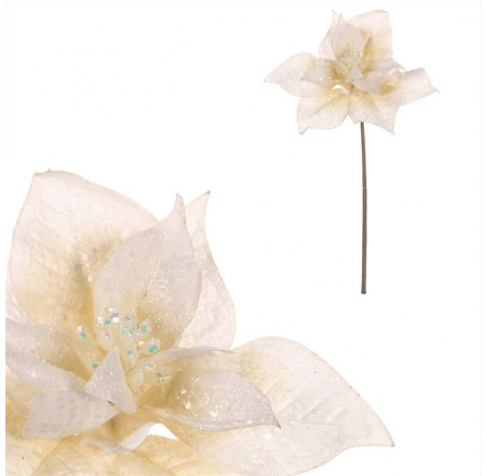 Vánoční růže - umělý květ na stonku, bílá se třpytkami Vánoční růže - umělý květ na stonku, bílá se třpytkami