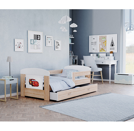 Dětská postel FILIP se šuplíkem bez matrace, 180x80 cm, Bílá/Dub Sonoma/Autíčko Dětská postel FILIP se šuplíkem bez matrace, 180x80 cm, Bílá/Dub Sonoma/Autíčko